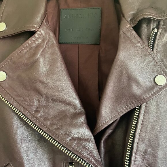All saints Balfern Lamb Leather Biker Jacket Deep Berry Red Size 2 NEW - Picture 4 of 5